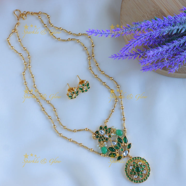 Elegant Kemp Lotus Floral layered Antique pendant chain-Navarathna