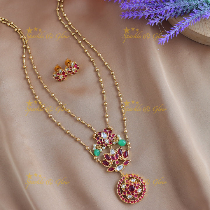 Elegant Kemp Lotus Floral layered Antique pendant chain-Navarathna