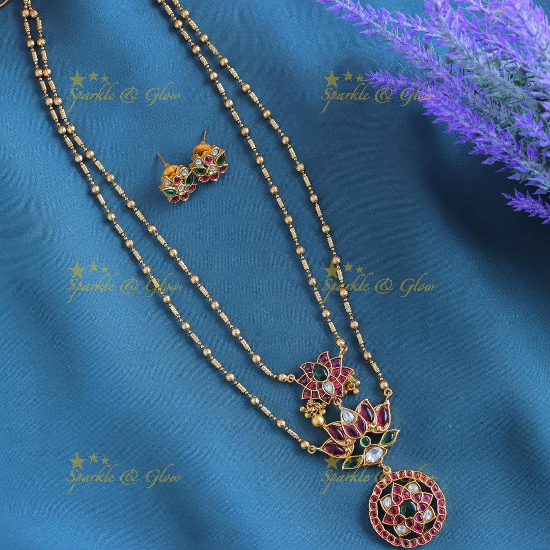 Elegant Kemp Lotus Floral layered Antique pendant chain-Multi - Sparkle and Glow