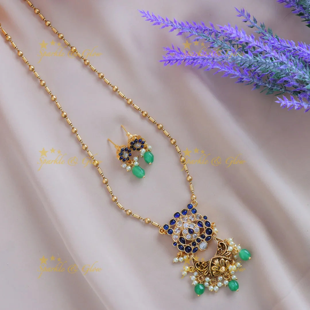Gracious Kemp Leaf Floral Antique pendant chain with green beads-Green - Sparkle and Glow