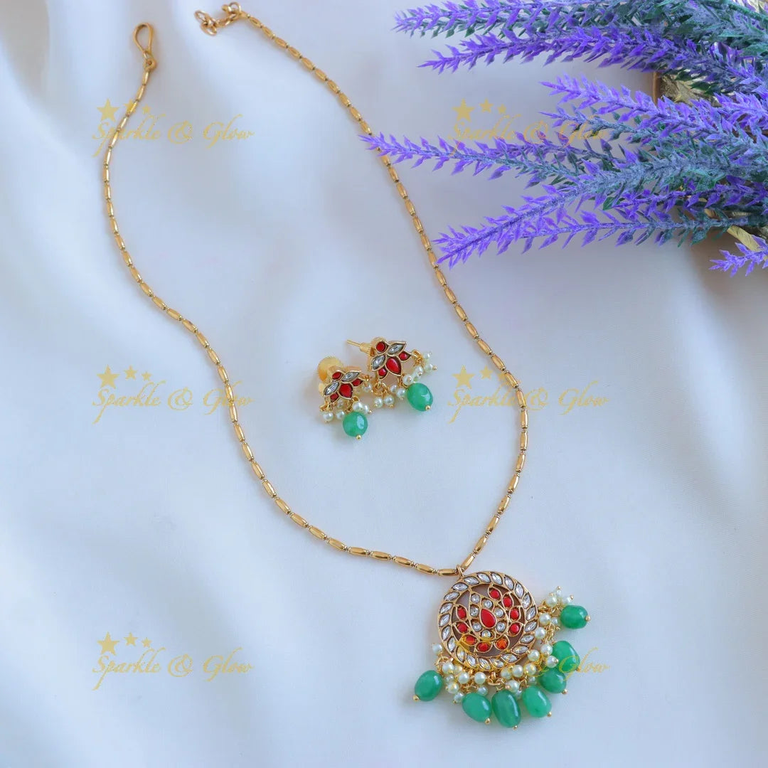 Elegant Lotus Floral pendant chain with green beads-Navarathna - Sparkle and Glow