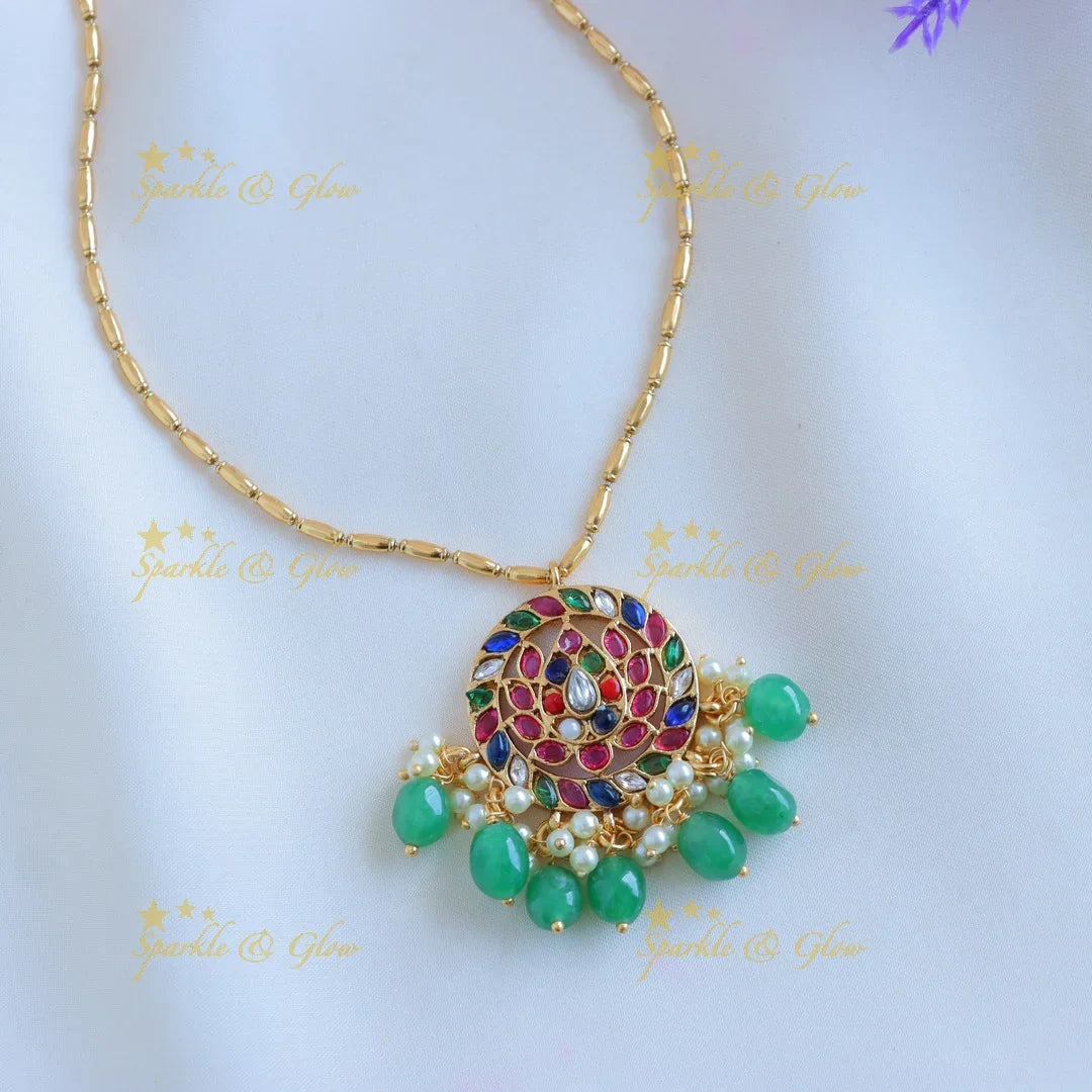 Elegant Lotus Floral pendant chain with green beads-Navarathna - Sparkle and Glow
