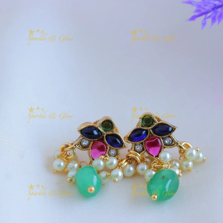 Elegant Lotus Floral pendant chain with green beads-Navarathna - Sparkle and Glow