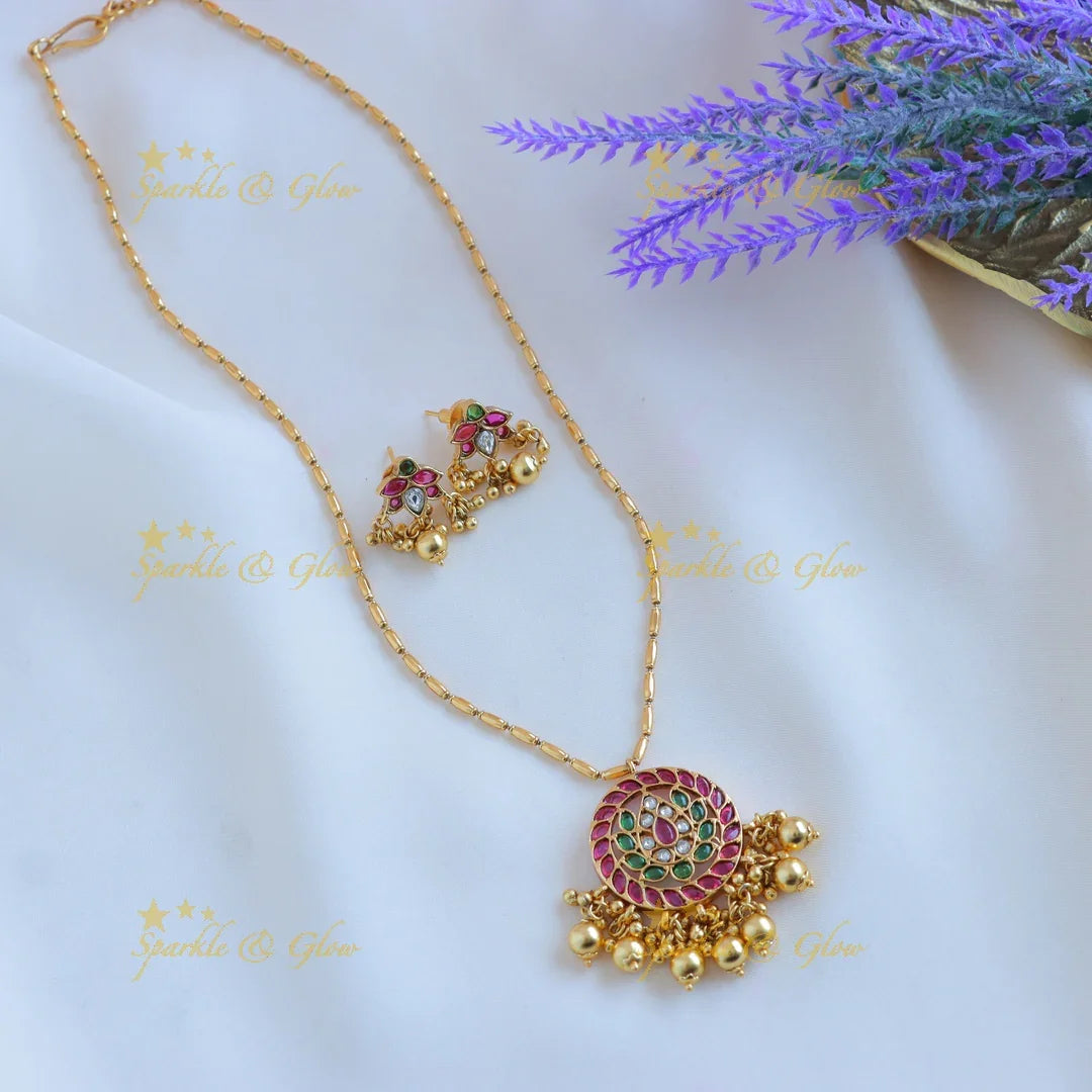 Elegant Lotus Floral pendant chain with green beads-Navarathna - Sparkle and Glow