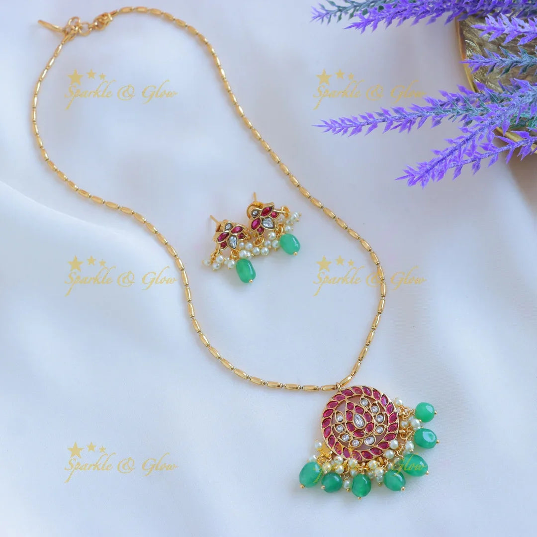 Elegant Lotus Floral pendant chain with green beads-Navarathna - Sparkle and Glow