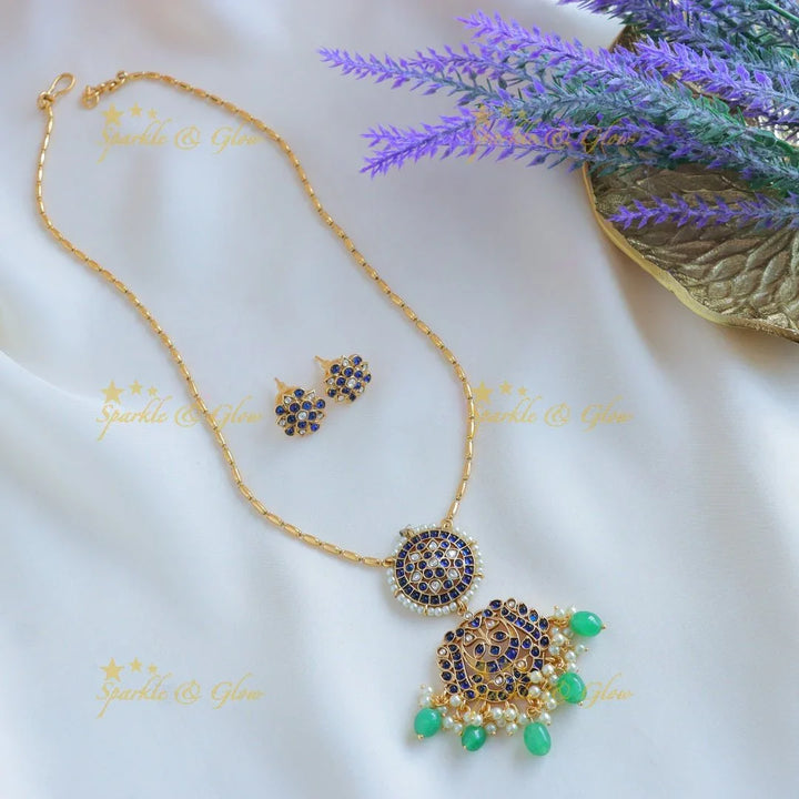 Gracious Half moon Floral design Antique pendant chain with green beads - Sparkle and Glow