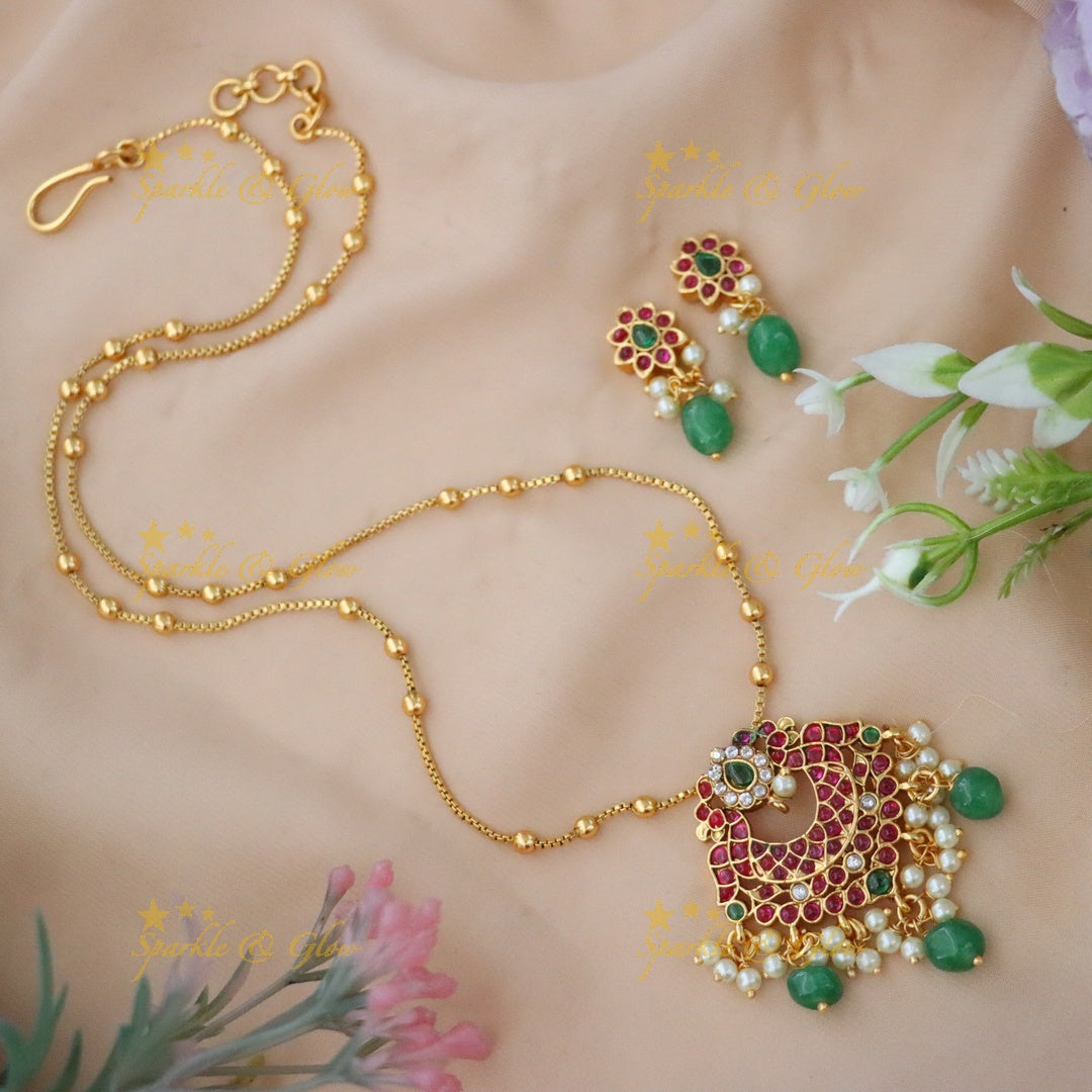 Green Multi Peacock Floral Pendant Chain with Gold Beads