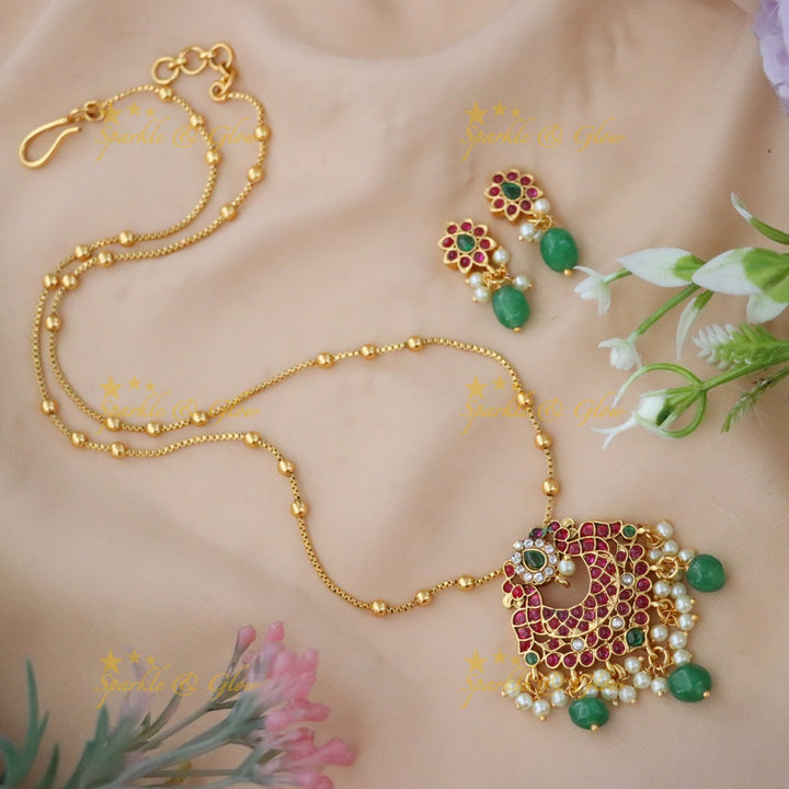 Green Multi Peacock Floral Pendant Chain with Gold Beads