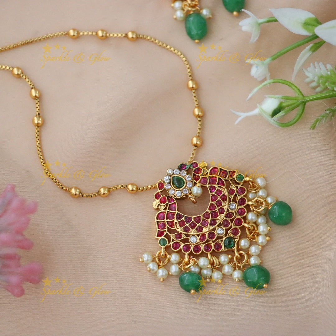 Green Multi Peacock Floral Pendant Chain with Gold Beads
