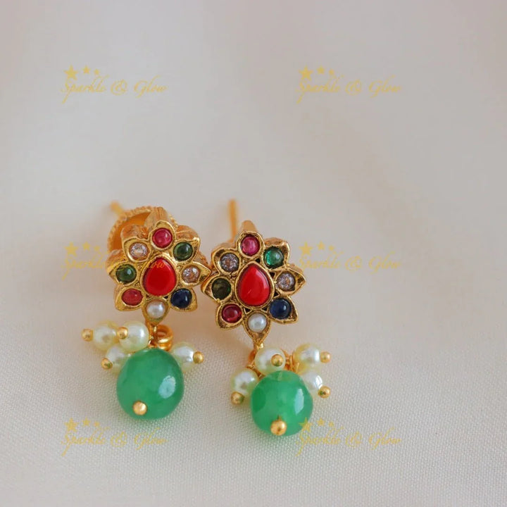 Sparkling Dual tone Peacock Floral pendant chain with gold beads-Green-multi - Sparkle and Glow