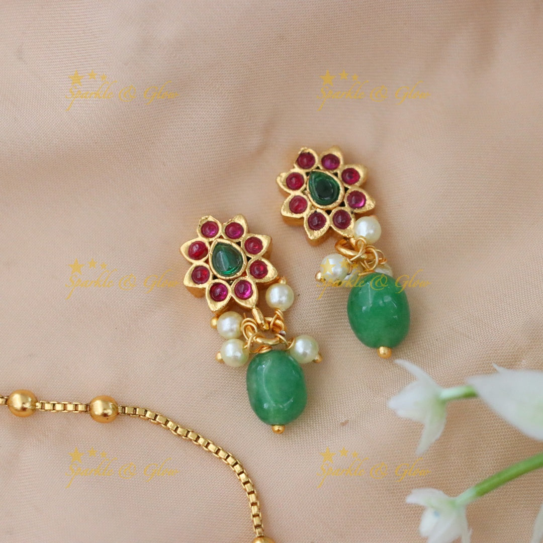 Green Multi Peacock Floral Pendant Chain with Gold Beads