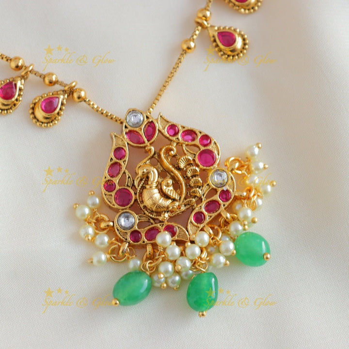 Elegant Dual tone Peacock Floral Antique pendant chain with green beads - Ruby - Sparkle and Glow - 
