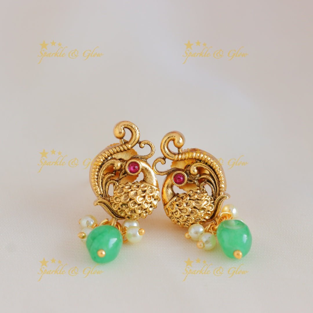 Elegant Dual tone Peacock Floral Antique pendant chain with green beads - Ruby - Sparkle and Glow - 