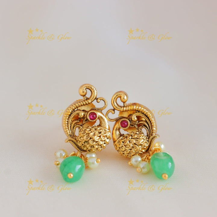 Elegant Dual tone Peacock Floral Antique pendant chain with green beads - Ruby - Sparkle and Glow - 