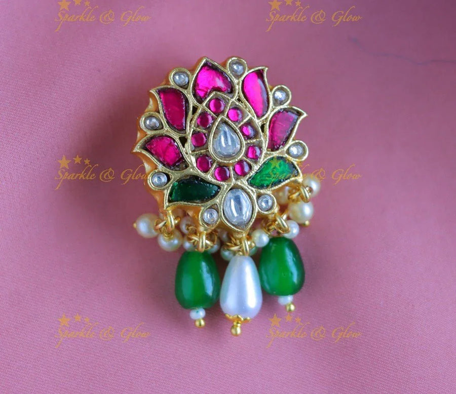 Elegant Jadau Lotus Floral Jadabilla-Green-pearl1 - Sparkle and Glow