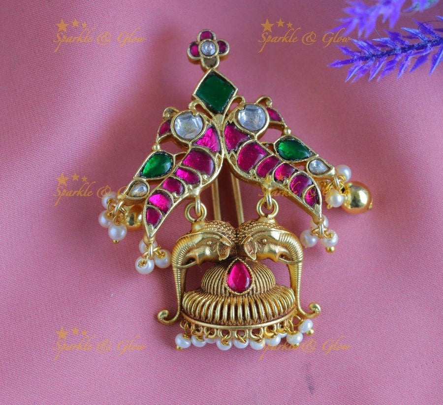 Grand Jadau Dual tone Peacock Elephant carved Jadabilla with pearls - Sparkle and Glow