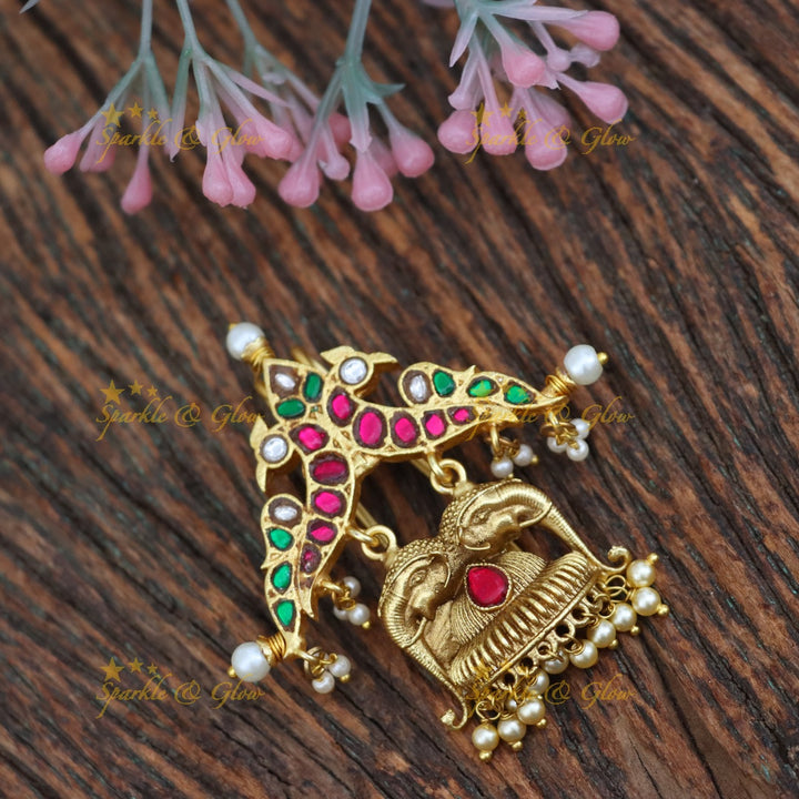 Dual-Tone Jadau Peacock Elephant Necklace with Pearls