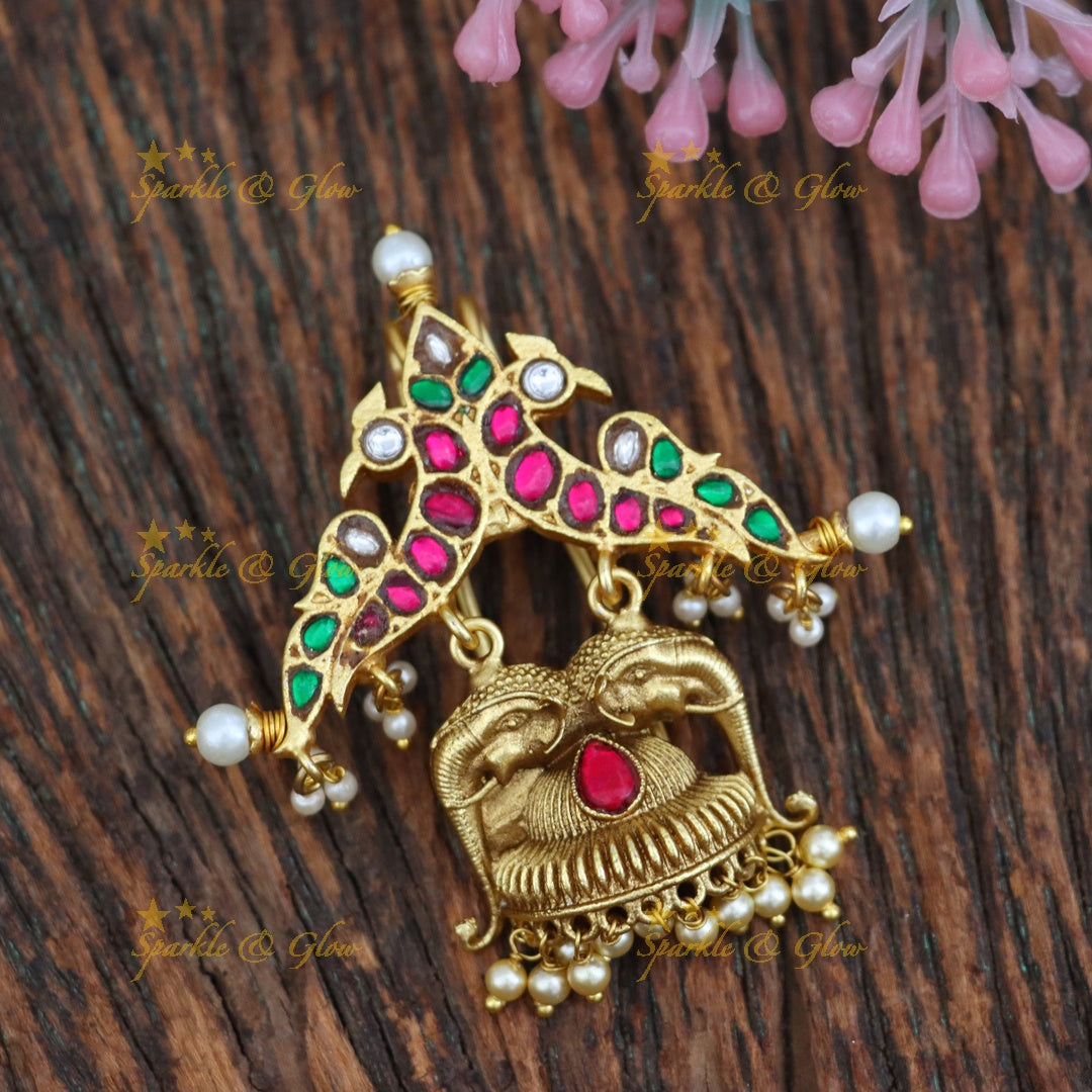 Dual-Tone Jadau Peacock Elephant Necklace with Pearls