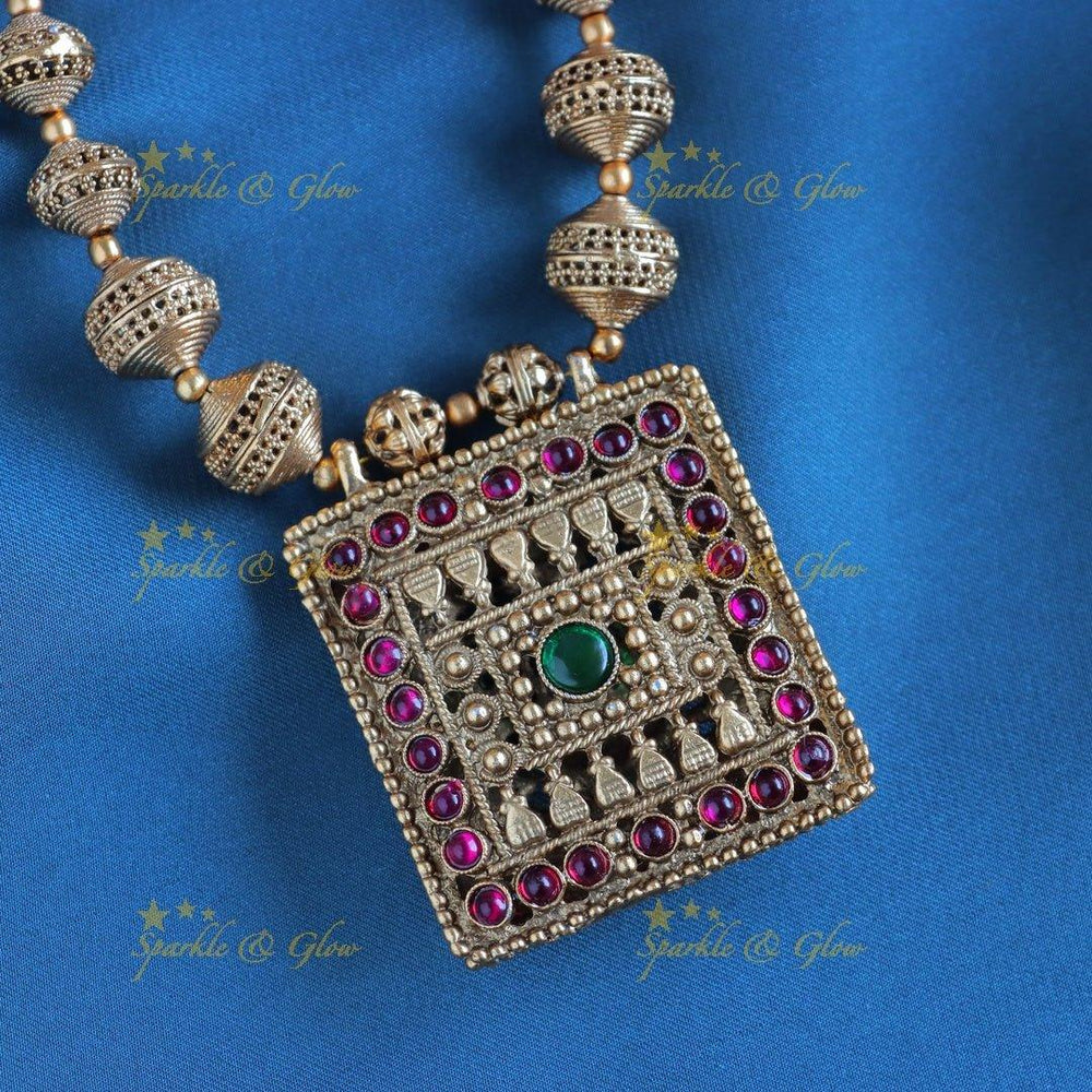 Gracious Square penddant and gold ball beaded short necklace - Sparkle and Glow