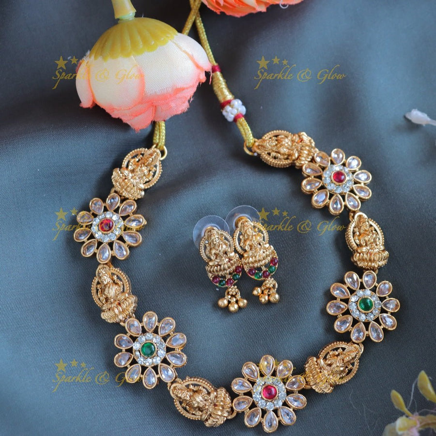 Elegant Idol Lakshmi Floral carved short necklace - Sparkle and Glow - Back Thread - 