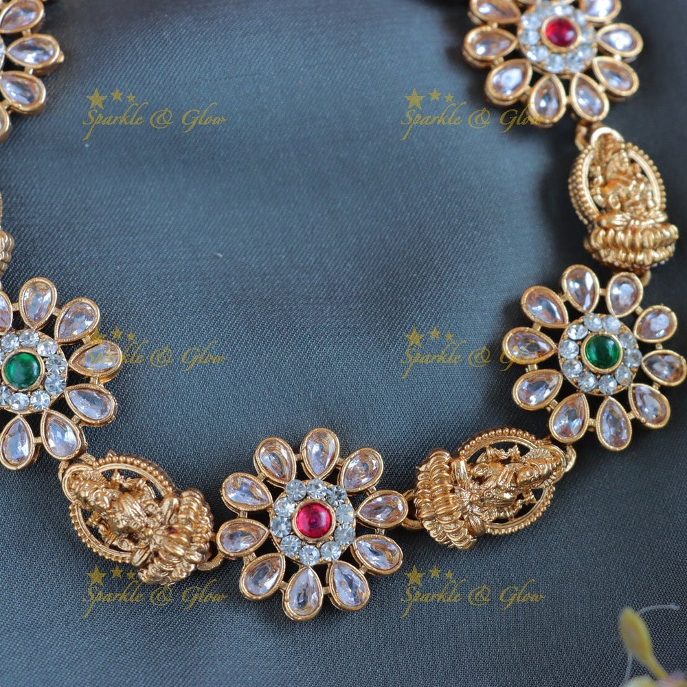 Elegant Idol Lakshmi Floral carved short necklace - Sparkle and Glow - Back Thread - 