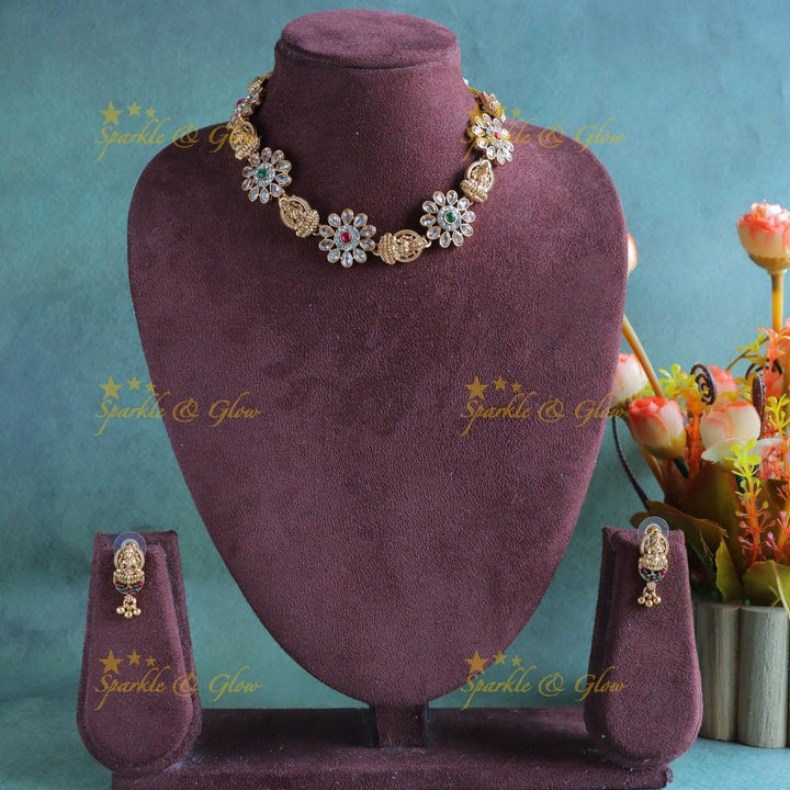 Elegant Idol Lakshmi Floral carved short necklace - Sparkle and Glow - Back Thread - 