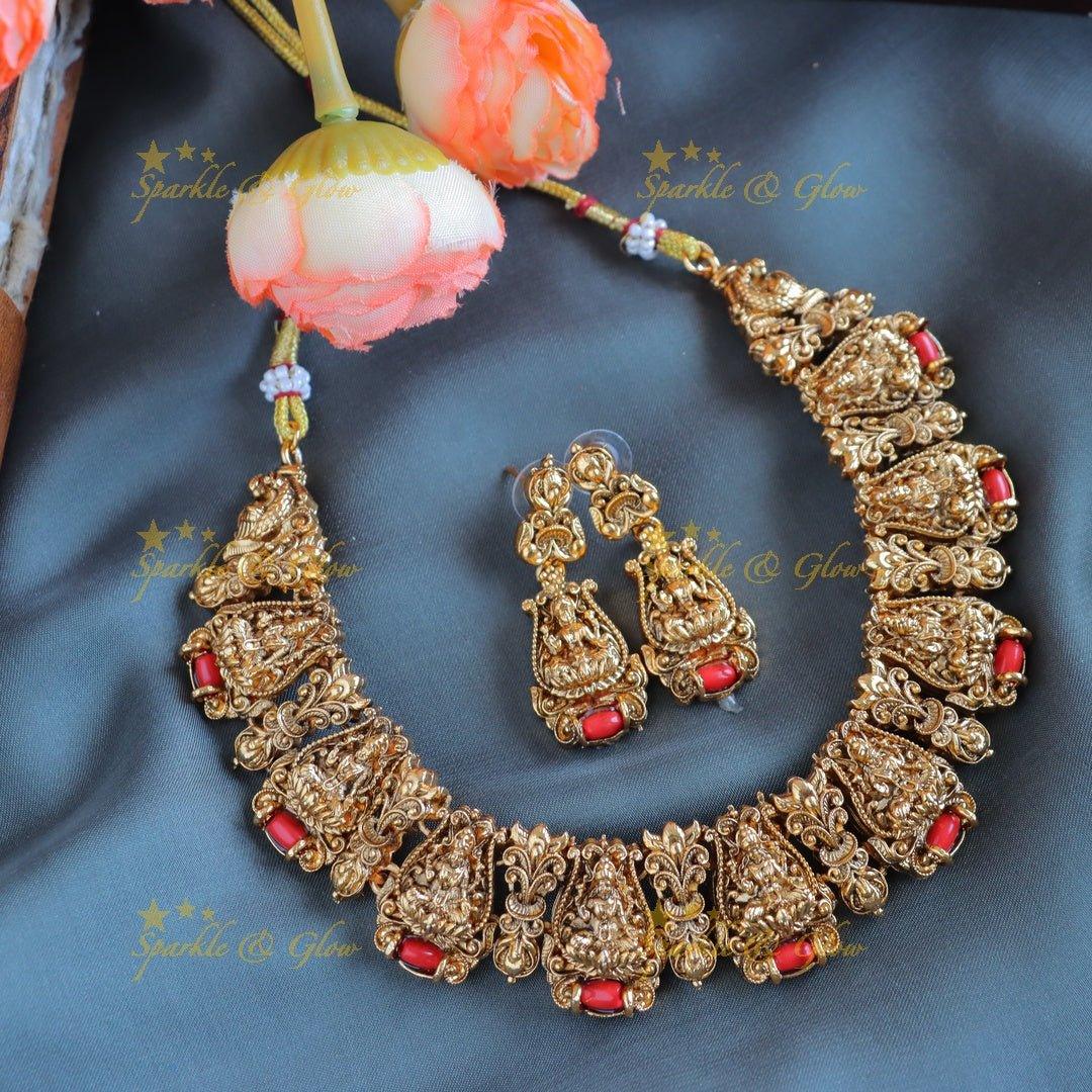 Sparkling Idol Lakshmi Leaf design short necklace with coral beads-Coral - Sparkle and Glow