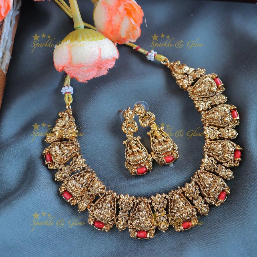 Sparkling Idol Lakshmi Leaf design short necklace with coral beads-Coral - Sparkle and Glow