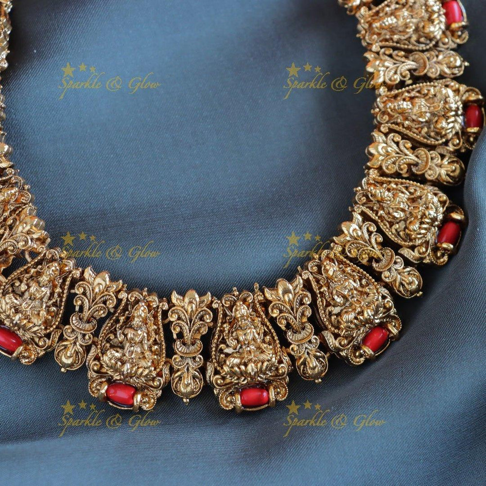 Sparkling Idol Lakshmi Leaf design short necklace with coral beads-Coral - Sparkle and Glow