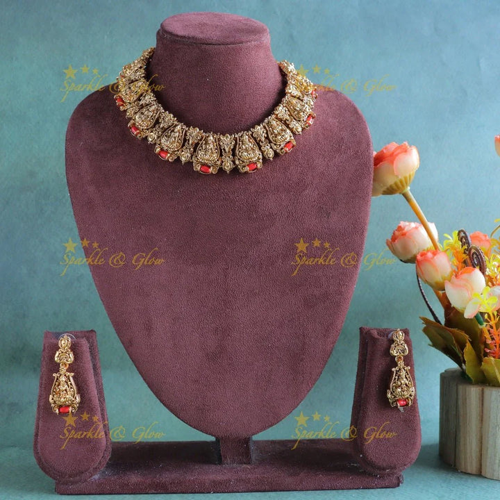 Sparkling Idol Lakshmi Leaf design short necklace with coral beads-Coral - Sparkle and Glow