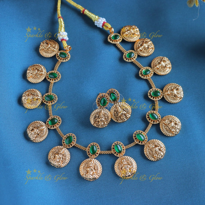 Statement Idol Lakshmi Coin Kemp short necklace-Green