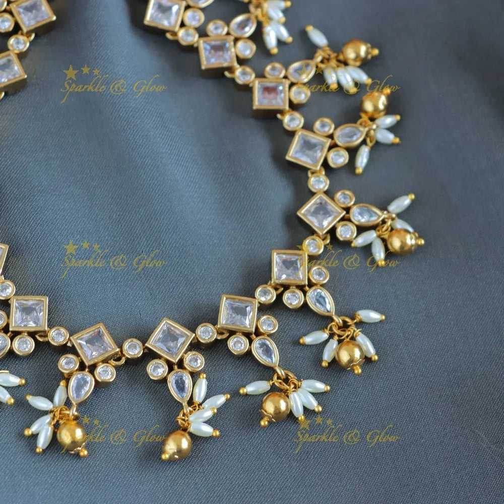 Gracious Rhombus shape short necklace with rice pearls and gold beads - Sparkle and Glow