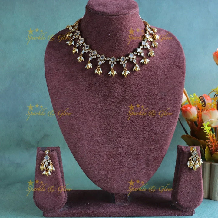 Gracious Rhombus shape short necklace with rice pearls and gold beads - Sparkle and Glow