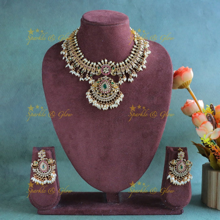 Gracious CZ Floral Gutappusalu short necklace - Sparkle and Glow - Back Thread - 