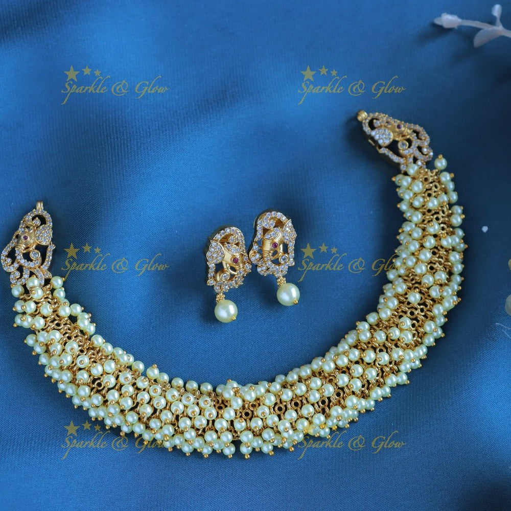 Gracious gold alike cluster Mintgreen beaded short necklace with Elephant Earrings - Sparkle and Glow - 