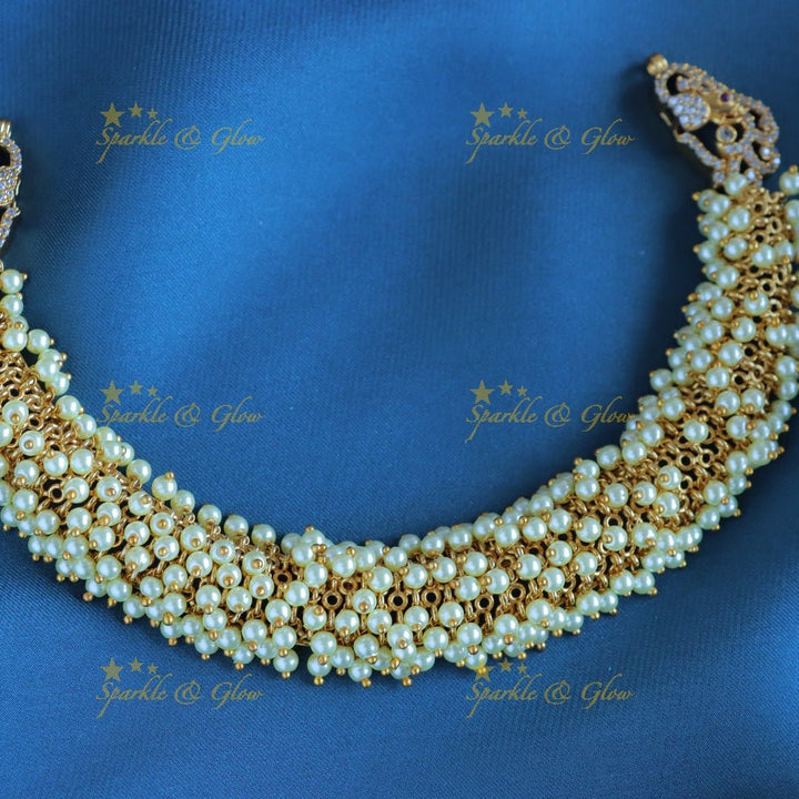 Gracious gold alike cluster Mintgreen beaded short necklace with Elephant Earrings - Sparkle and Glow - 