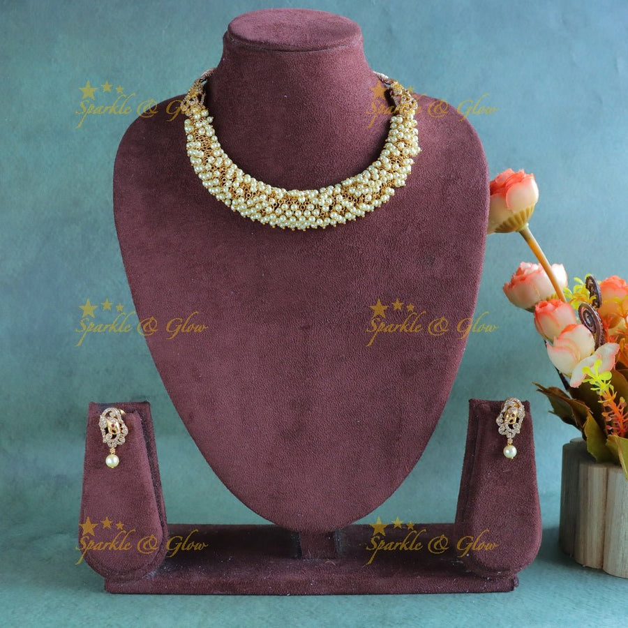 Gracious gold alike cluster Mintgreen beaded short necklace with Elephant Earrings - Sparkle and Glow - 