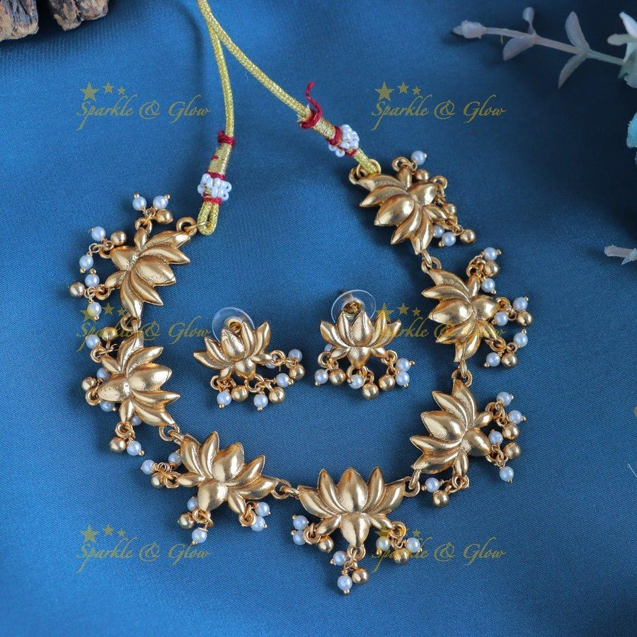 Statement gold alike Lotus Floral short necklace - Sparkle and Glow