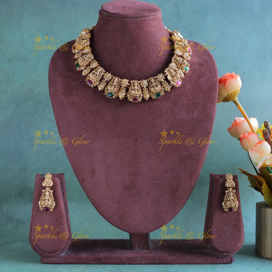 Sparkling Idol Lakshmi Leaf design short necklace with coral beads - Rubygreen - Sparkle and Glow - Back Thread - 