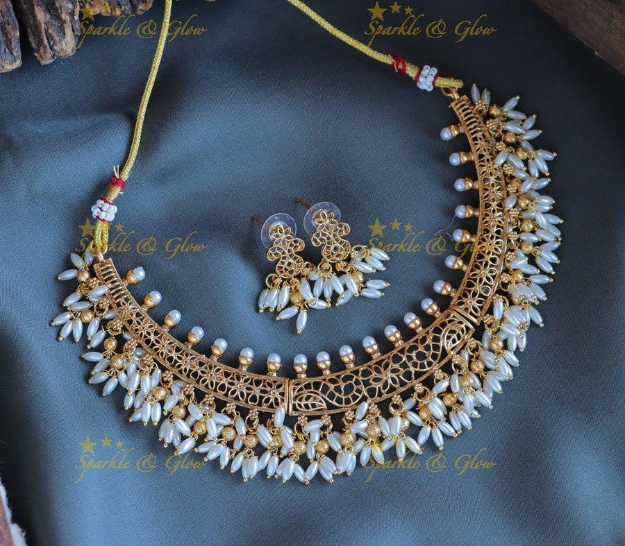 Elegant Floral Leaf design short necklace with Rice pearls - Sparkle and Glow
