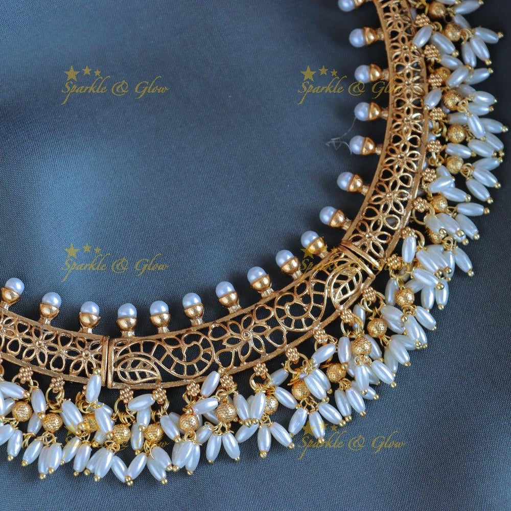 Elegant Floral Leaf design short necklace with Rice pearls - Sparkle and Glow