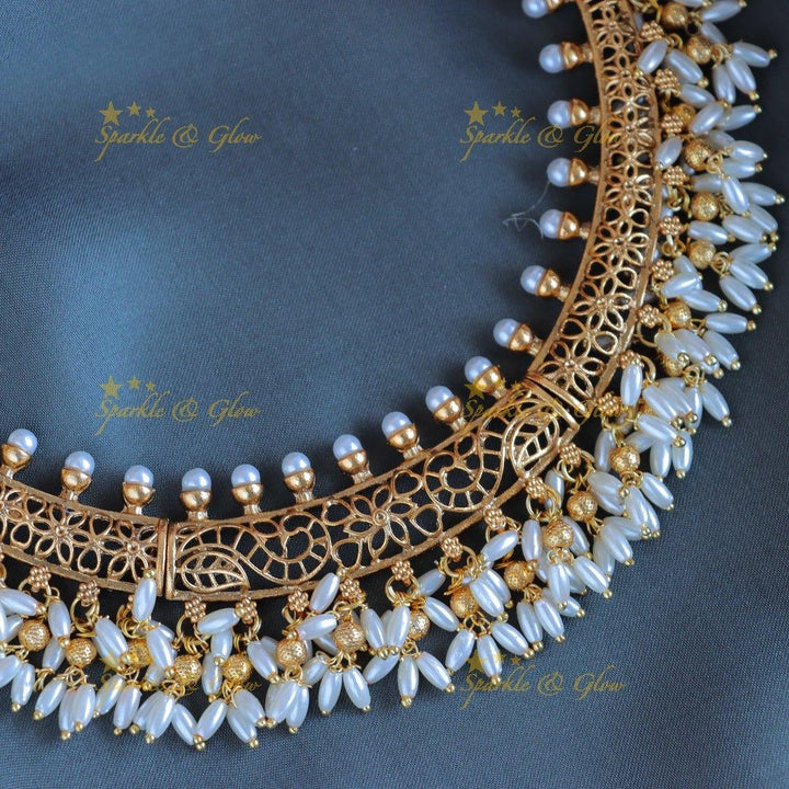 Elegant Floral Leaf design short necklace with Rice pearls - Sparkle and Glow