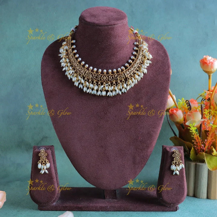 Elegant Floral Leaf design short necklace with Rice pearls - Sparkle and Glow