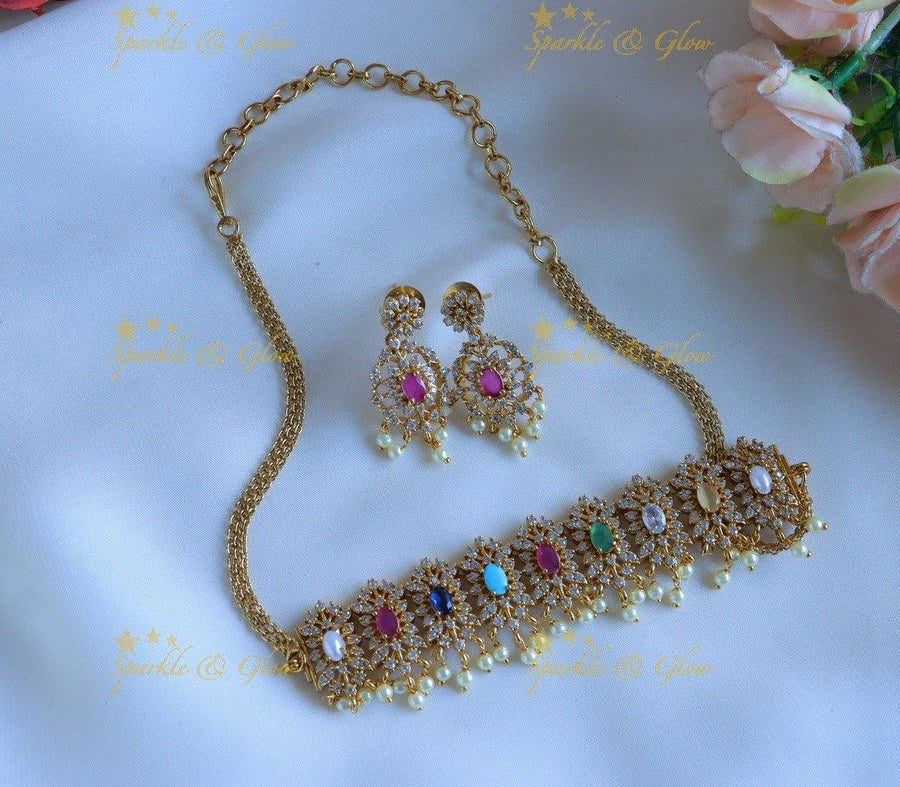 Gracious CZ Floral Navarathna choker - Sparkle and Glow