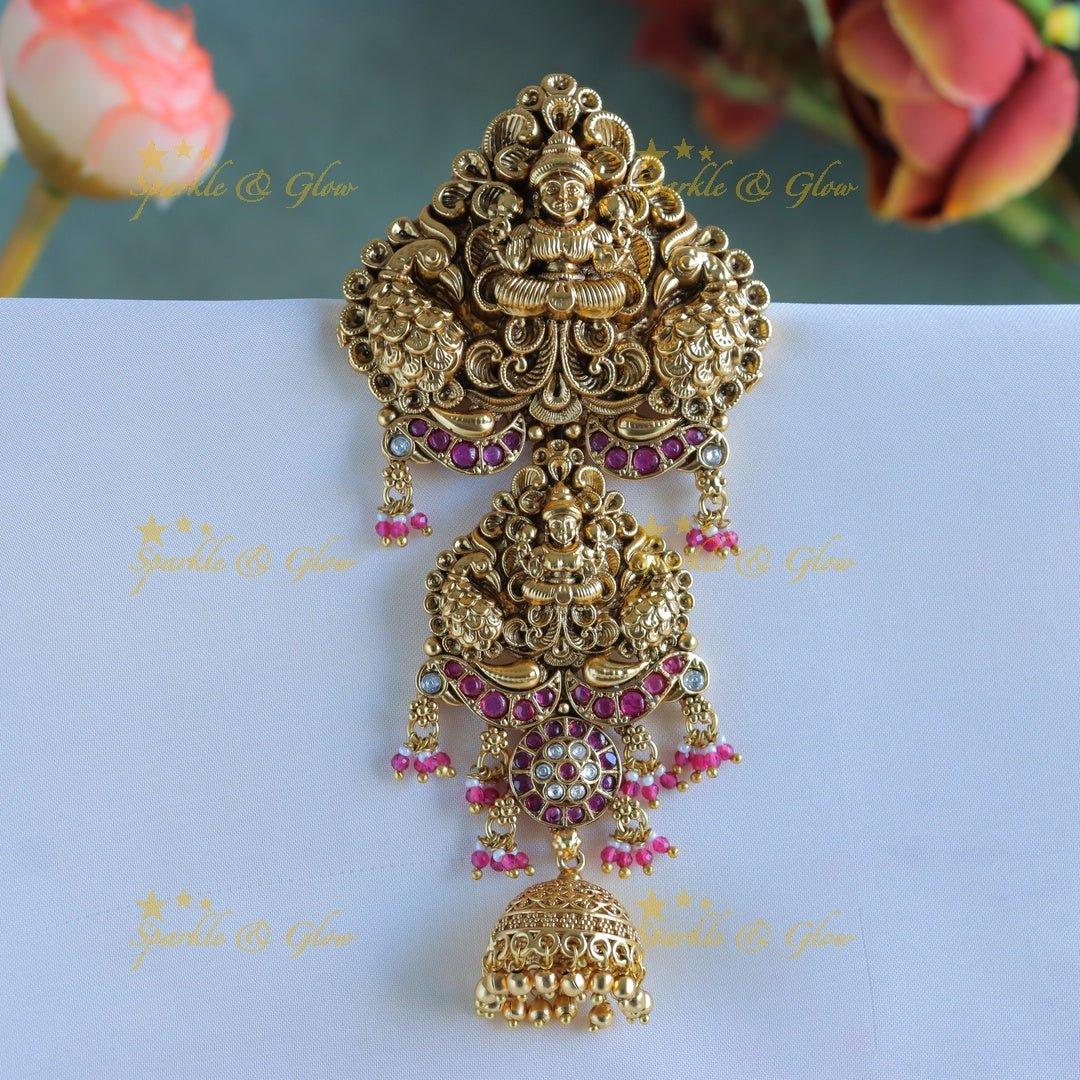Grand Dual tone Idol Lakshmi peacock carved kemp hairpin - Sparkle and Glow