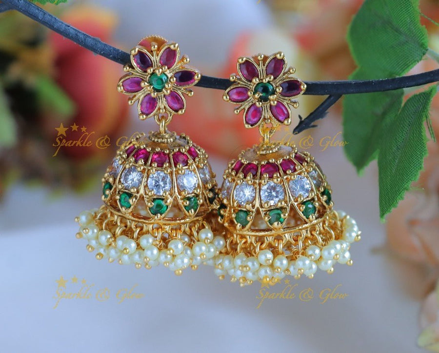 Stunning Kemp Floral jhumkas with pearls - Multi - Sparkle and Glow - Multi - 