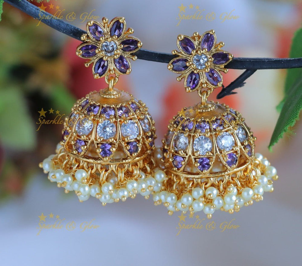 Stunning Kemp Floral jhumkas with pearls - Multi - Sparkle and Glow - Purple - 