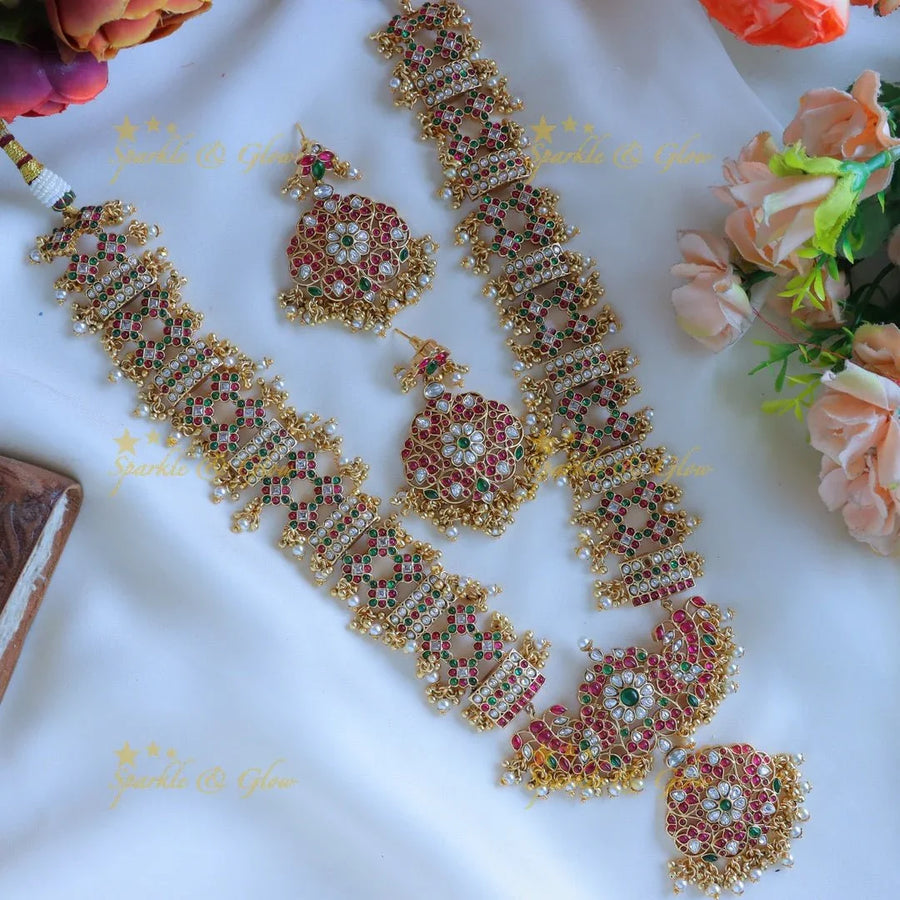 Intricate design gold alike kemp peacock floral Bridal Haram with pearls - Sparkle and Glow
