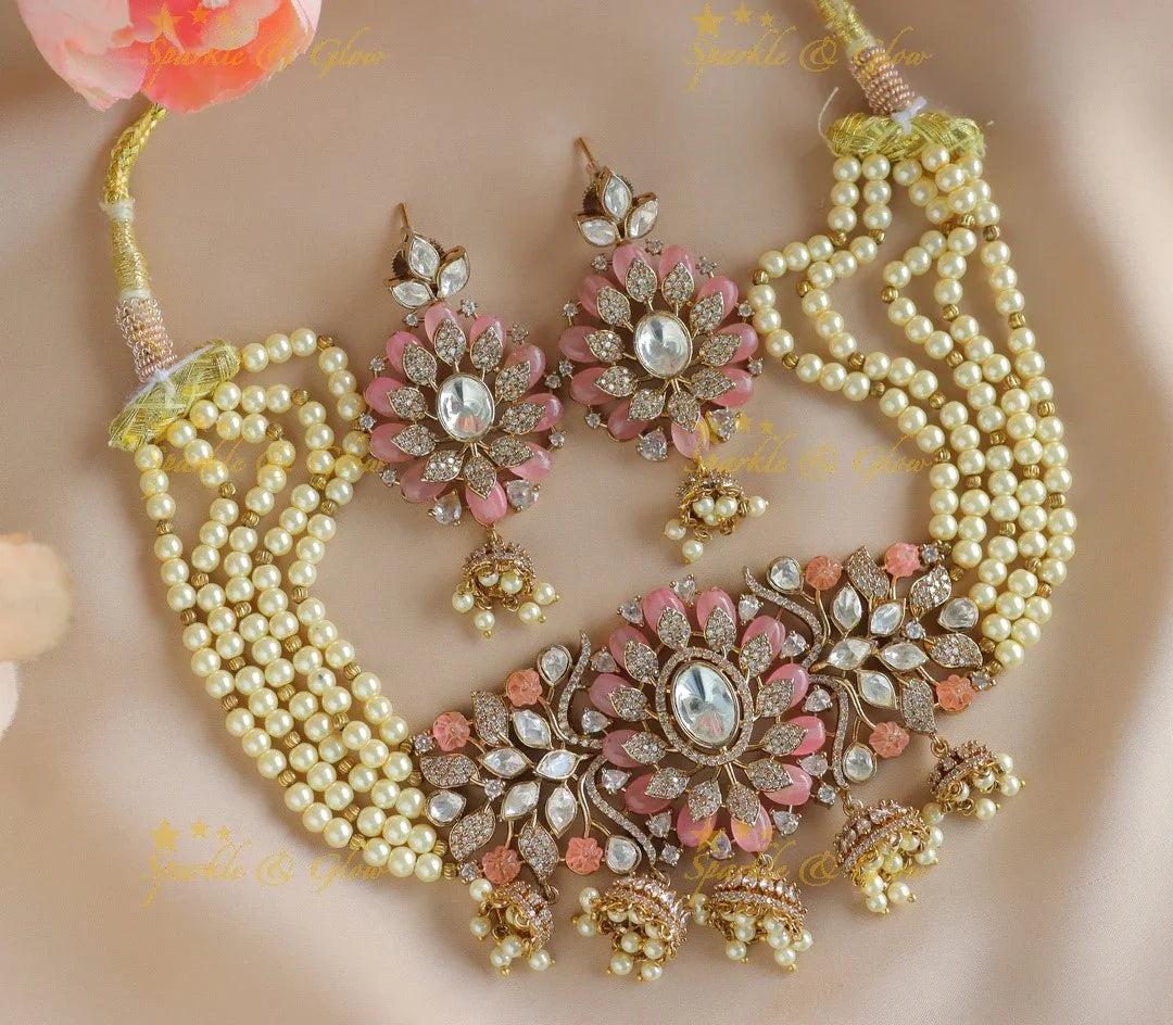 Gracious Floral Leaf pendant carved Victorian AD choker with jhumuka hanging-Lavender - Sparkle and Glow