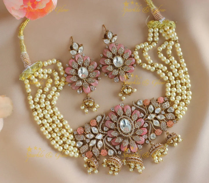 Gracious Floral Leaf pendant carved Victorian AD choker with jhumuka hanging-Lavender - Sparkle and Glow